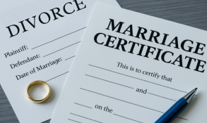 Marriage certificate and divorce decree with wedding rings and pen, representing legal document preparation services in Hanford, Visalia, and Lemoore.