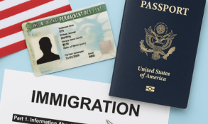 Immigration document preparation with green card, U.S. passport, and application form for clients in Hanford, Visalia, and Lemoore.